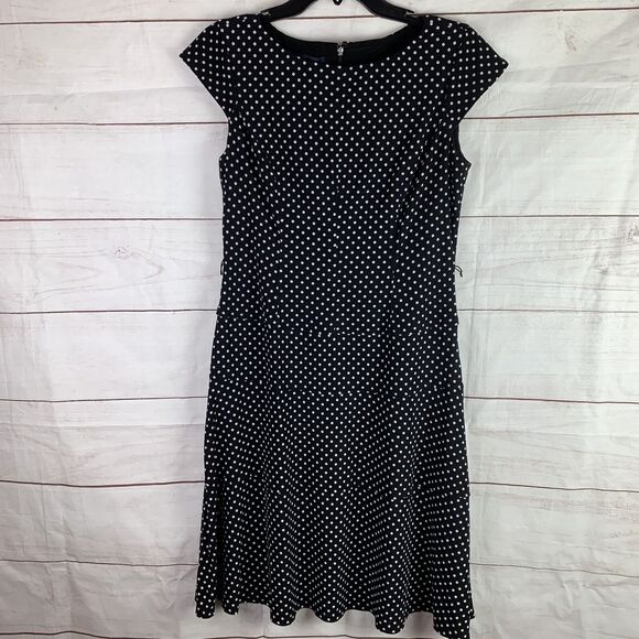 AK Anne Klein Dress Polka Dot A-line Fit-and-Flare Black 8 M Elastic Belt zipper - Picture 4 of 16